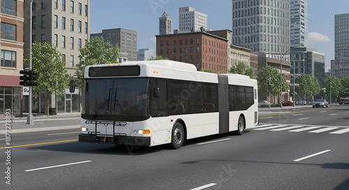 White city bus moving down urban street with modern buildings. Public transportation vehicle in motion on city street with trees and buildings in the background.
