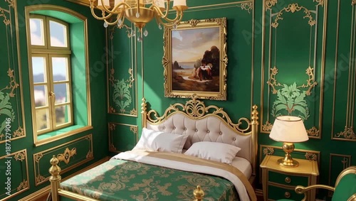 Luxurious Green Ornate Bedroom With Gold Accents And Classical Chandelier.