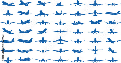 Airplane silhouette collection, aviation icons, aircraft shapes, multiple angles, flight design elements, vector transport illustrations, blue planes