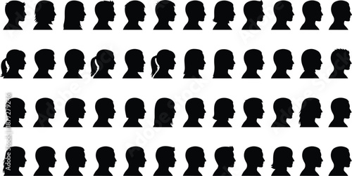 Black silhouette profile heads, diverse human face shapes, hairstyle variations, identity concept, facial recognition, artistic design grid