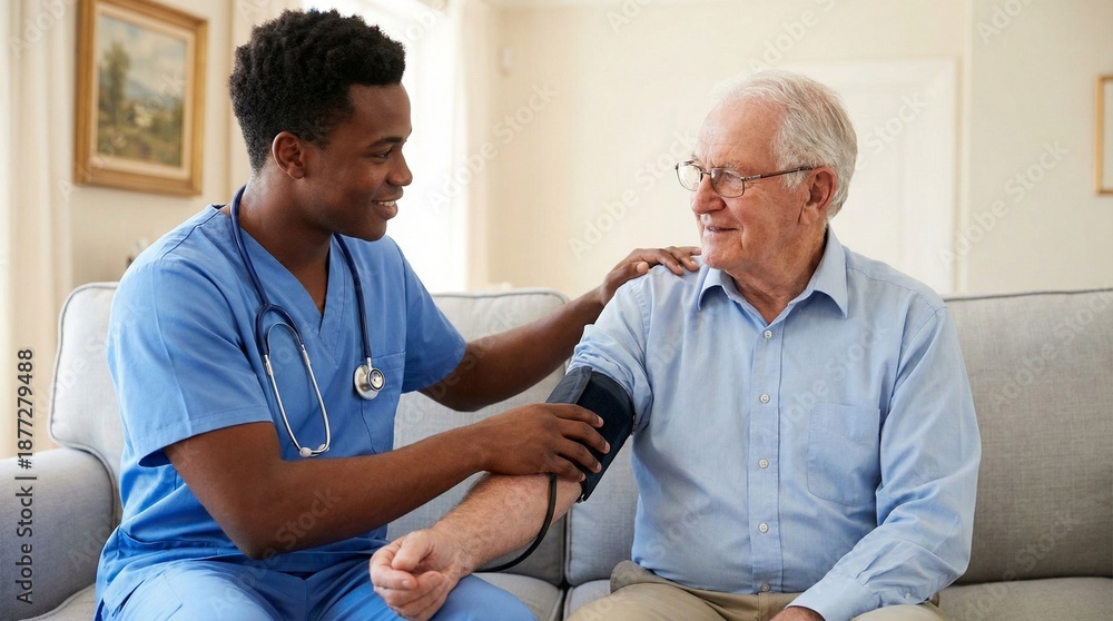 Obraz premium Male nurse checking blood pressure of senior man at home