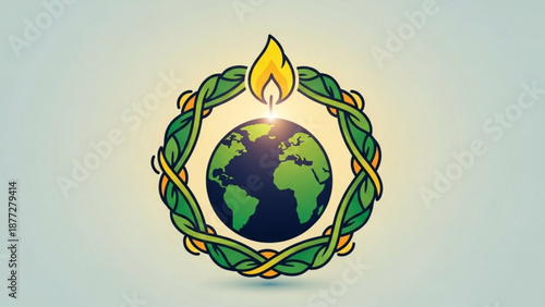 Earth globe surrounded by leaves and flame symbol