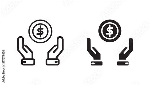 Dollar coin, money on hand - conceptual line icon set, with editable stroke. Finance symbol. Vector illustration, on a white background