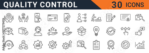 A comprehensive collection of line art vector graphic icons representing thirty essential quality control, inspection, assurance, and product certification concepts for business processes.