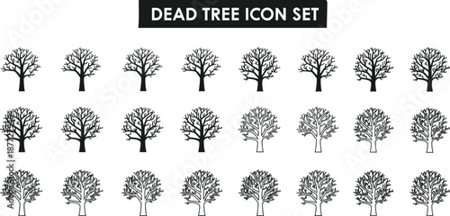 Dead tree icon set, leafless trees collection, winter forest silhouette, spooky branches, seasonal nature graphic design elements