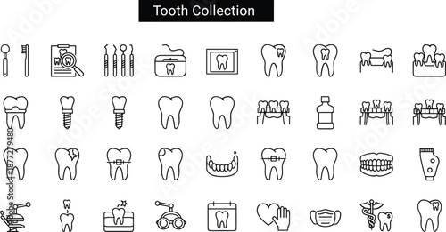 Dental icons collection, oral hygiene tools, tooth care symbols, dental procedures, healthy teeth, dental implants, braces, cavities