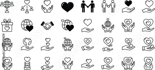 Global unity, heart icons, caring hands, love symbols, humanitarian connection, peace, compassion, diversity, social support, world kindness, hope