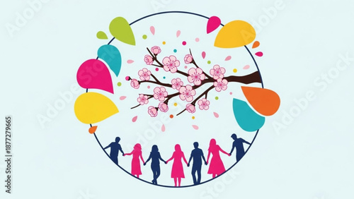 Diverse people holding hands around blooming cherry blossom tree