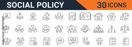 Comprehensive vector icon set illustrating thirty distinct symbols related to social policy governance legal aid healthcare and community welfare concepts