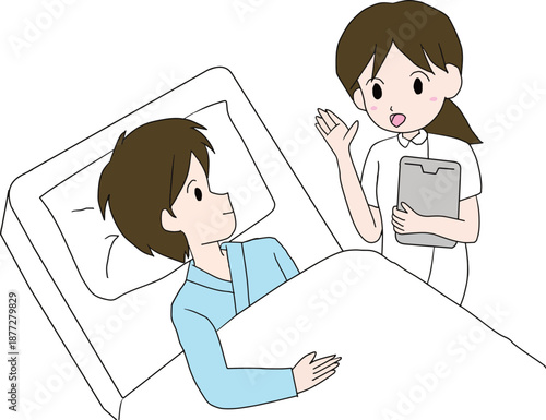 Nurse explaining medical care to hospitalized patient in bed illustration