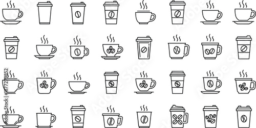 Minimalist coffee cup icon set, ceramic and disposable styles, steaming mugs, beans, perfect for branding, UI, marketing design