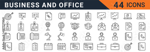 Comprehensive collection of forty-four minimalist vector graphic icons detailing essential business operations, professional office tools, and corporate digital communication systems.