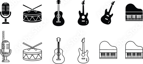 Musical instrument icons, microphone, guitars, piano, drum set, solid and outline style, vector symbols for design use