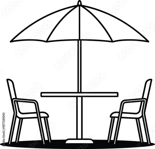 Outdoor patio furniture setup with umbrella, round table, chairs, backyard seating arrangement, summer garden dining concept