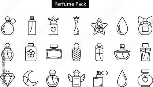 Perfume icon set, elegant fragrance bottle illustrations, outline style, beauty product symbols, cosmetic branding design elements