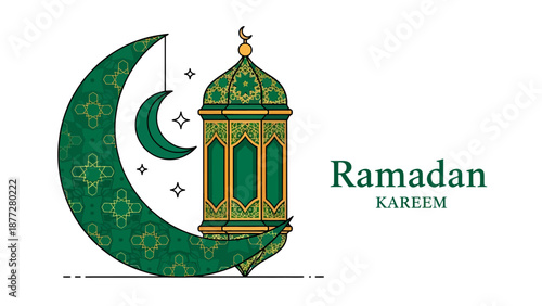 Ramadan Kareem lantern and crescent moon greeting banner, Islamic holiday celebration illustration