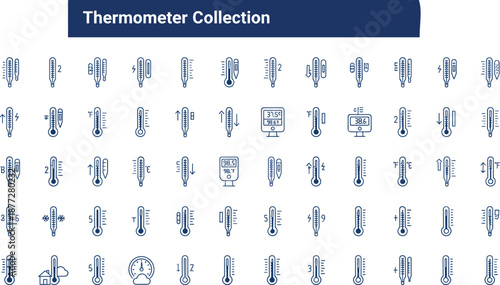 Thermometer icon set, medical temperature symbols, Celsius Fahrenheit readings, digital and analog styles, weather and health indicators