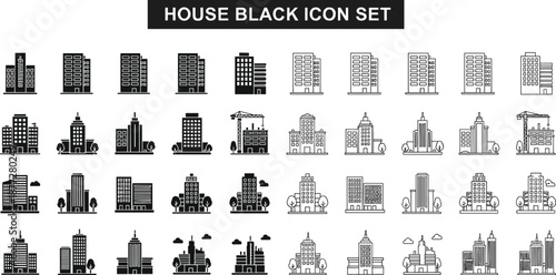 Urban building icon set, black and blue, high-rise apartments, office towers, construction site symbols, cityscape vector illustration