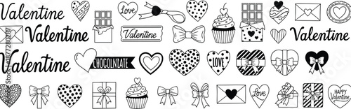 Valentine icons, heart decorations, love symbols, chocolate treats, romantic gifts, festive cupcakes, envelopes, ribbons, celebration design elements