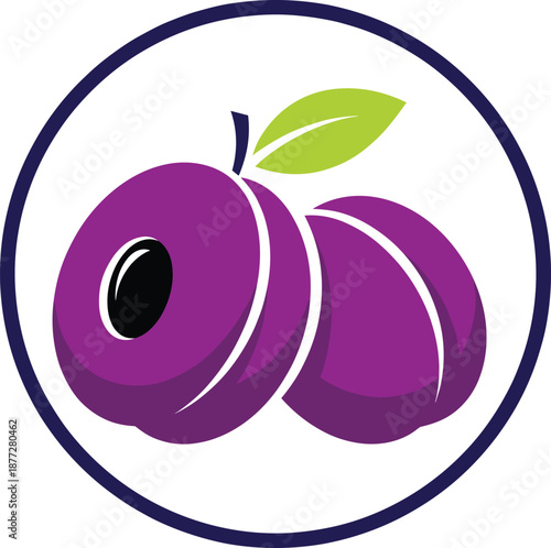 Plum fruit flat vector icon inside circular badge representing fresh organic food, healthy nutrition, and natural ingredient design