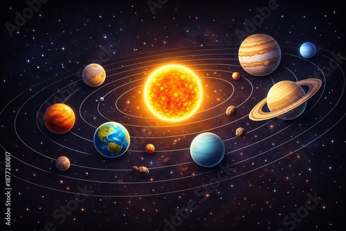 A 3D illustrative solar system with the sun at center and planets suspended in layered orbits. With bright yet natural planetary colors, smooth gradients, strong dimensional depth, subtle shadows