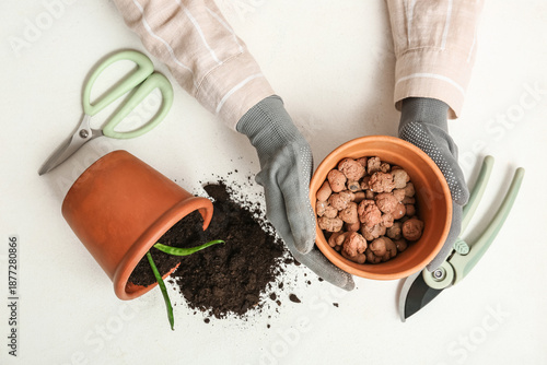 Woman potting plants with s...