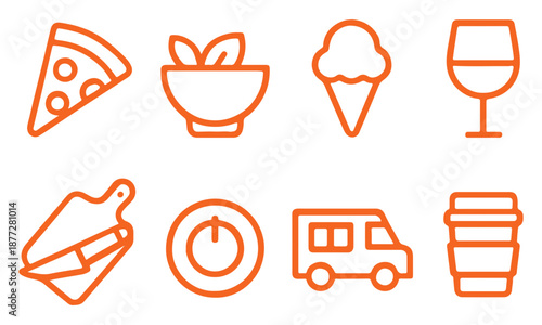 Food and Beverage Line Icon Set Featuring Pizza Slice, Healthy Bowl, Ice Cream, Wine Glass, Cutting Board, Food Truck, and Coffee Cup