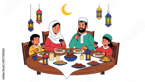 A Muslim family enjoys a meal together at a table with lanterns and a crescent moon.