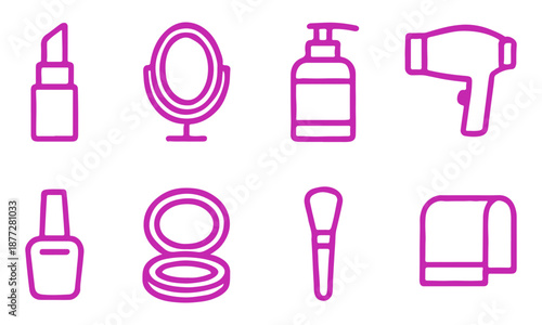 Beauty and Cosmetic Line Icon Set Featuring Lipstick, Mirror, Skincare Lotion, Hair Dryer, Nail Polish, and Makeup Accessories