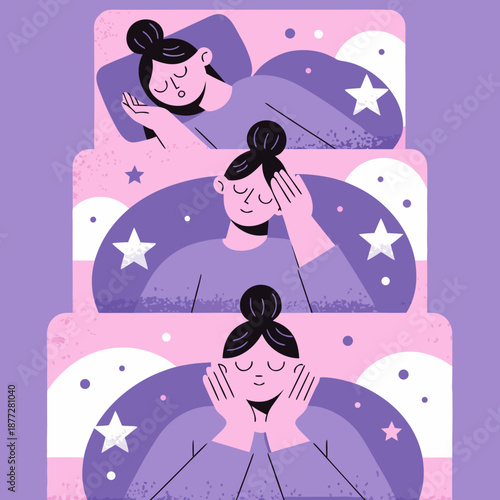 A serene woman practicing morning meditation under a starry night sky with calm surroundings and peaceful atmosphere