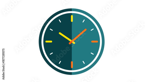 A teal clock face with yellow and orange hands on white background