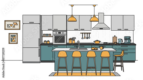 Modern kitchen interior with teal cabinets and yellow accents