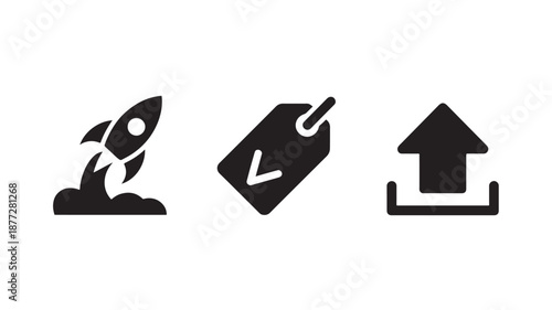 Black icons for startup launch, pricing label, and upload symbol in simple flat design for web and mobile applications