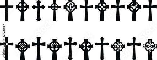 Christian cross silhouettes collection featuring Celtic, Gothic, and medieval grave markers, black isolated religious symbols for cemetery memorials, faith designs, church art