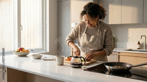 Candid moment of an adult preparing breakfast in a bright modern kitchen with natural morning light.