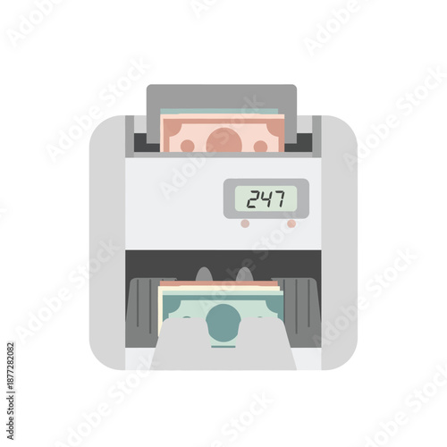 Digital cash counting machine with currency notes and a display showing 247 total bills in a