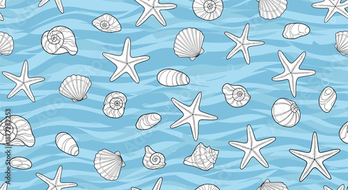 Undersea pattern with starfish and seashells scattered over a light blue background with gentle wavy water ripple textures.