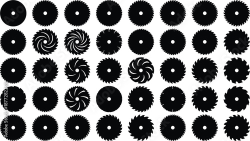 Circular saw blade silhouettes collection featuring industrial cutting discs and woodworking tools, black isolated icons for manufacturing, carpentry, metalworking, workshop graphics