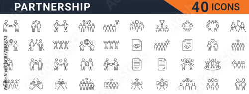 A comprehensive vector graphic illustration set featuring forty distinct line icons depicting various aspects of partnership, teamwork, agreement, unity, and collaborative business success.