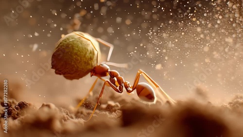 Ant carrying a heavy load, strength and determination
