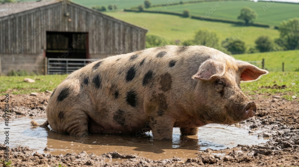 Fototapeta premium Happy pig enjoying a muddy puddle on a farm.