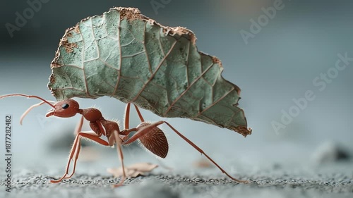 Ant carrying leaf: Strength, teamwork, nature