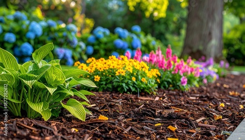 Lush garden bed bursting with colorful flowers, foliage, and sunlight filtering through trees