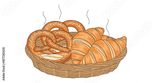 Basket of freshly baked pretzels and croissants shown in a warm color sketch with steam rising to signify fresh out of the oven.