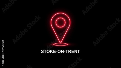 Neon glowing red location pin looped icon with the word Stock-on Trent on a black background. Modern Stock-on Trent country map marker design. Place search and direction icon.