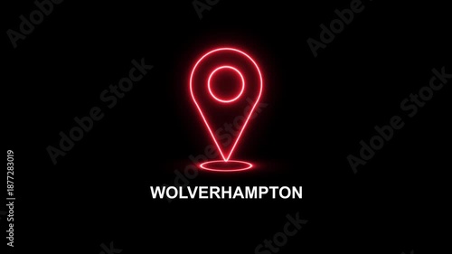 Neon glowing red location pin looped icon with the word Wolverhampton on a black background. Modern Wolverhampton country map marker design. Place search and direction icon.