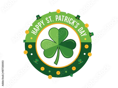 Festive St. Patrick's Day Illustration Featuring Shamrock and Celebratory Elements in Circular Frame