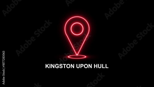 Neon glowing red location pin looped icon with the word Kingston on a black background. Modern Kingston country map marker design. Place search and direction icon.