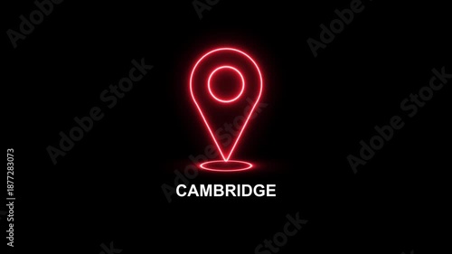 Neon glowing red location pin looped icon with the word Cambridge on a black background. Modern Cambridge country map marker design. Place search and direction icon.