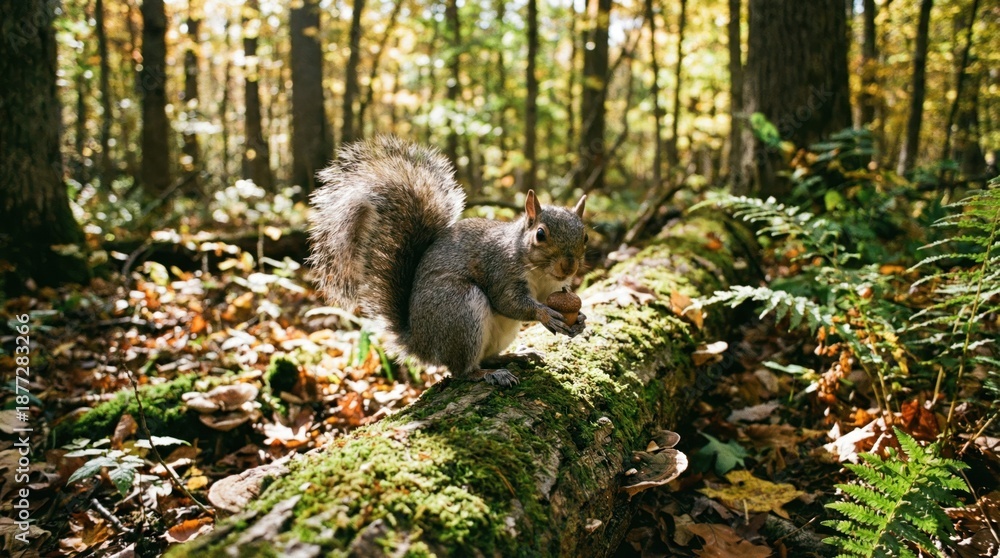 Obraz premium Squirrel enjoys a snack on a mossy log in woods.